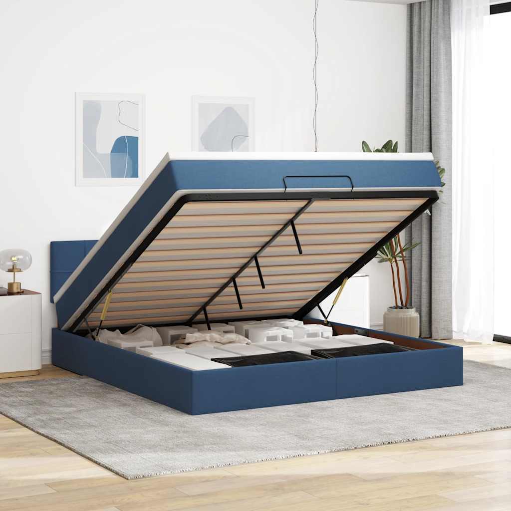 Cadre de lit ottoman avec matelas bleu 160x200 cm tissu