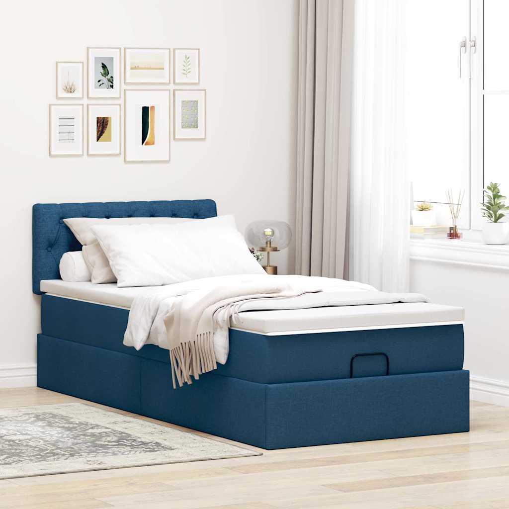 Cadre de lit ottoman avec matelas bleu 90x190 cm tissu - XIOS