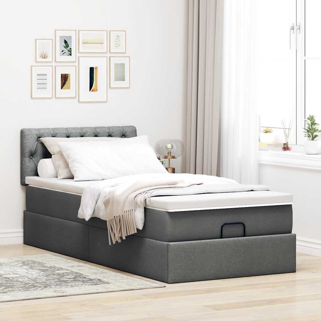 Lit ottoman avec matelas et LED gris foncé 90x200 cm tissu - XIOS