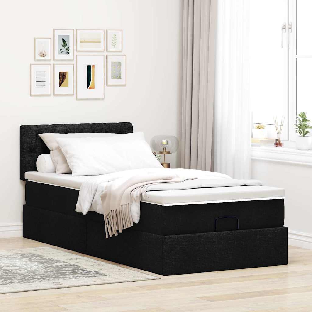 Lit ottoman avec matelas noir 90x200 cm tissu - XIOS