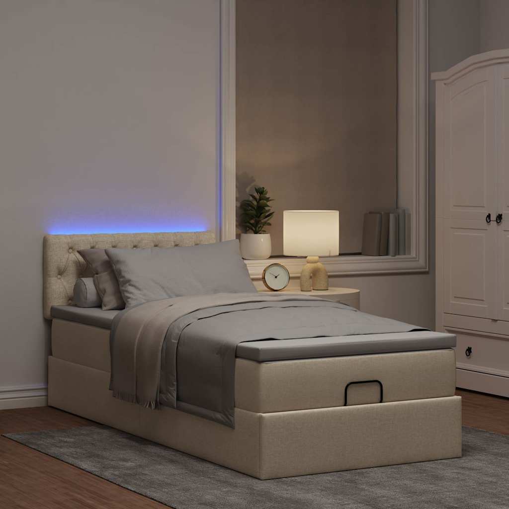 Lit ottoman avec matelas et LED crème 90x200 cm tissu - XIOS
