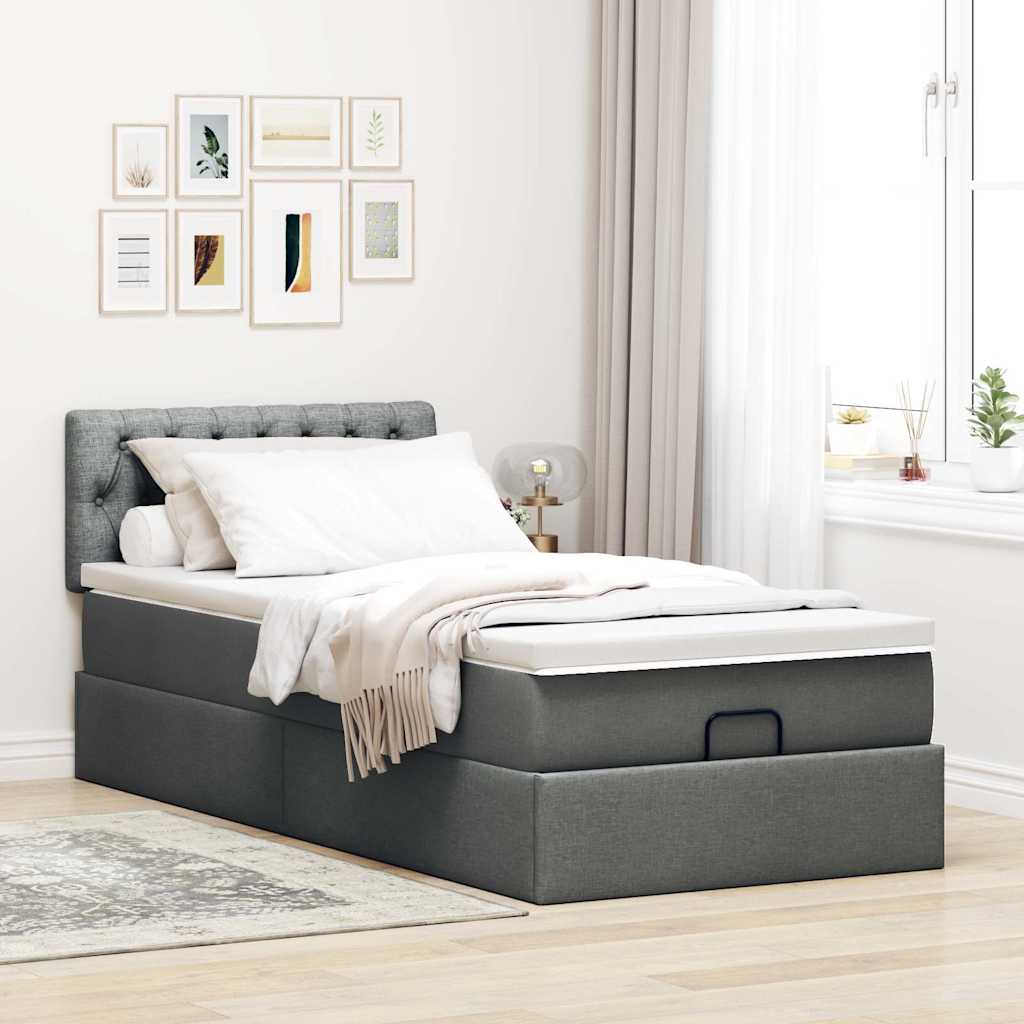 Cadre de lit ottoman avec matelas gris foncé 100x200 cm tissu - XIOS