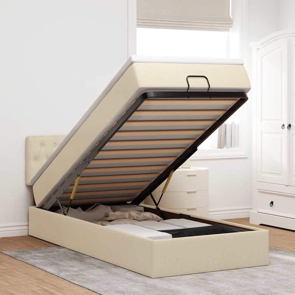Lit ottoman avec matelas crème 100x200 cm tissu - XIOS