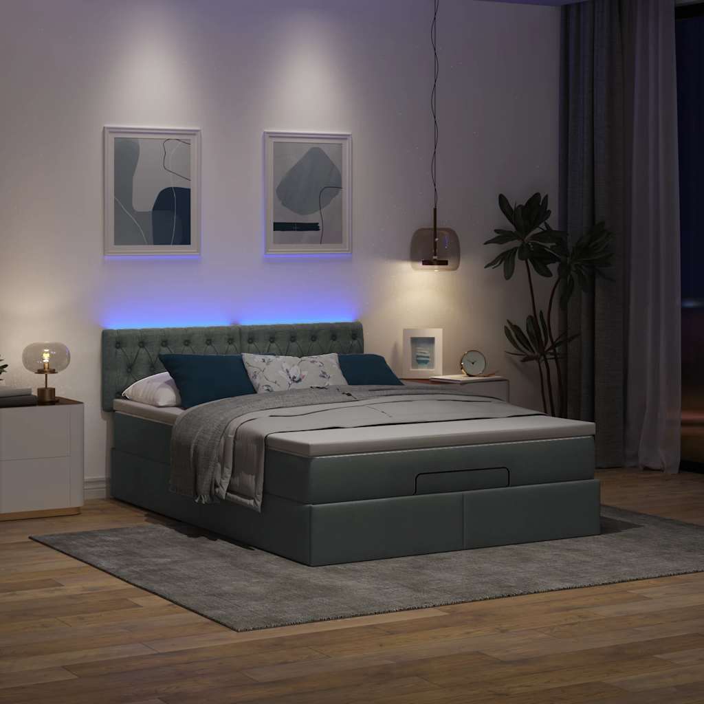 Lit ottoman avec matelas et LED gris foncé 140x190 cm tissu