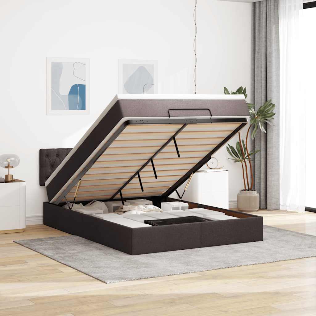 Lit ottoman avec matelas et LED marron foncé 140x190 cm tissu - XIOS