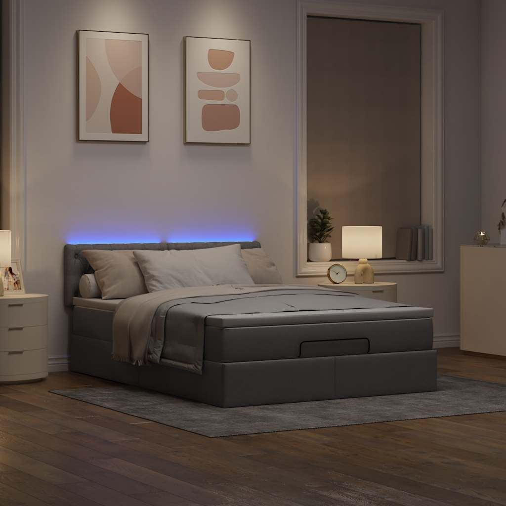 Lit ottoman avec matelas et LED taupe 140x190 cm tissu - XIOS