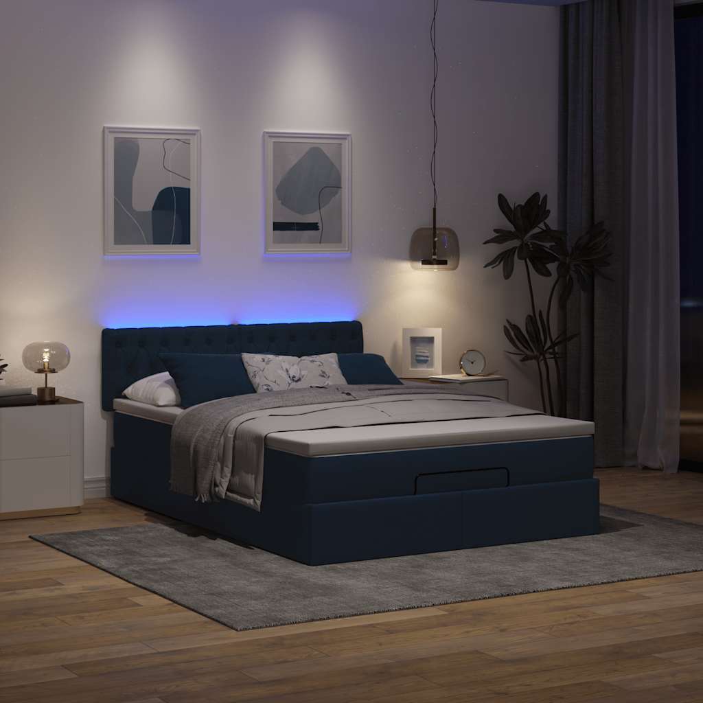 Lit ottoman avec matelas et LED bleu 140x190 cm tissu - XIOS