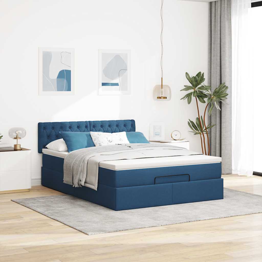 Lit ottoman avec matelas et LED bleu 140x190 cm tissu - XIOS