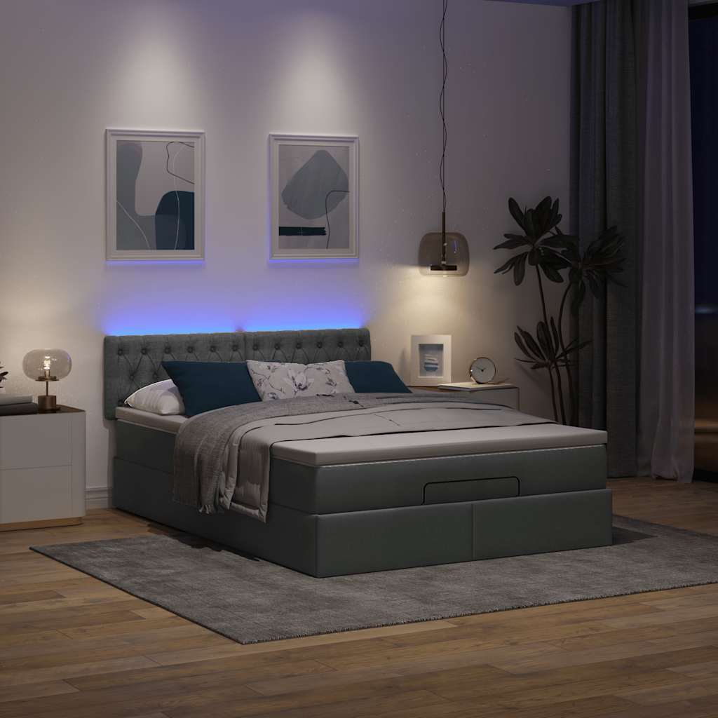 Lit ottoman avec matelas et LED gris foncé 140x200 cm tissu