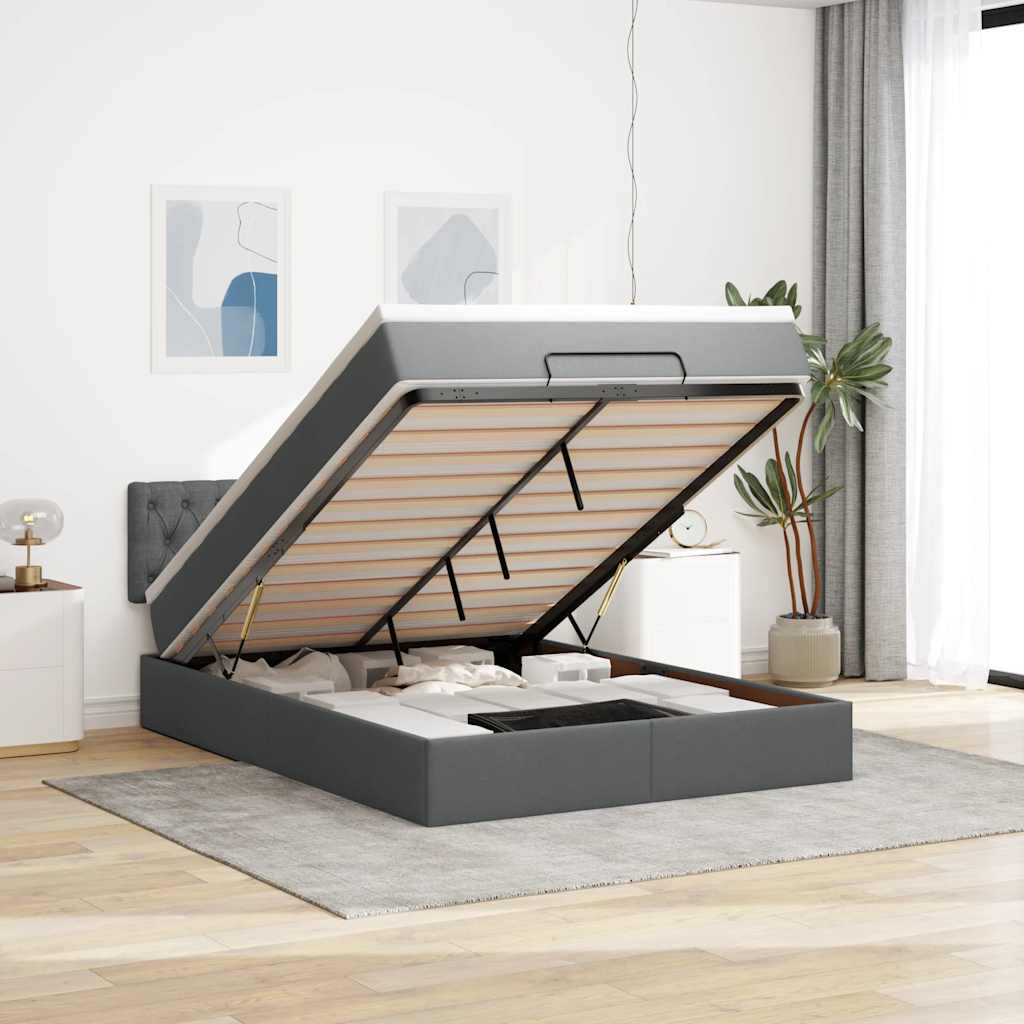 Lit ottoman avec matelas et LED gris foncé 140x200 cm tissu - XIOS