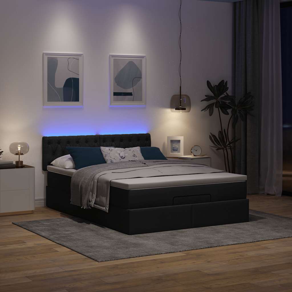 Lit ottoman avec matelas et LED noir 140x200 cm tissu