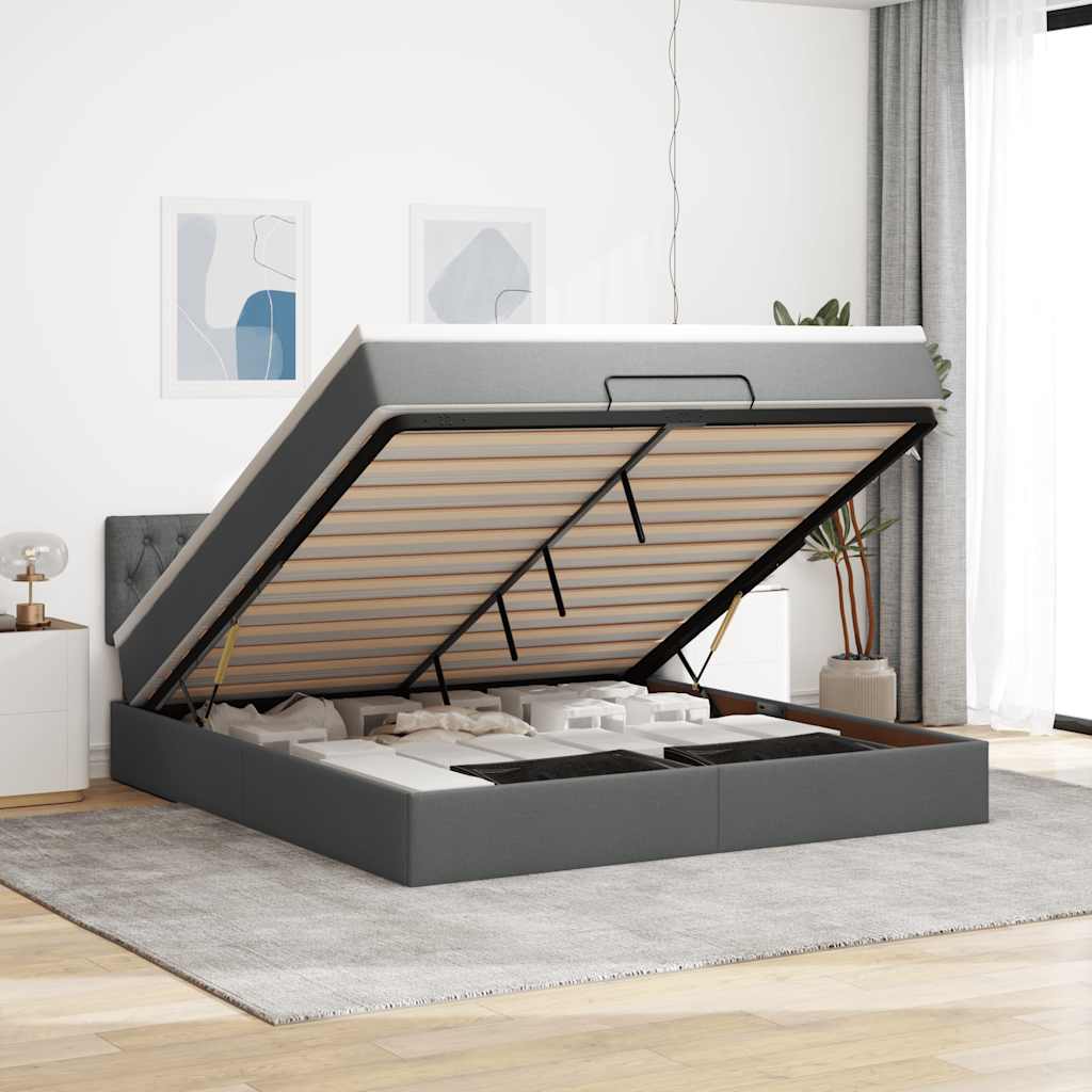 Cadre de lit ottoman avec matelas gris foncé 160x200cm tissu - XIOS