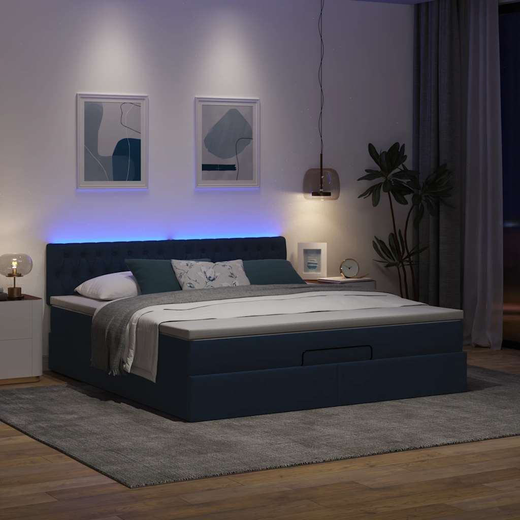 Cadre de lit ottoman avec matelas bleu 160x200 cm tissu - XIOS