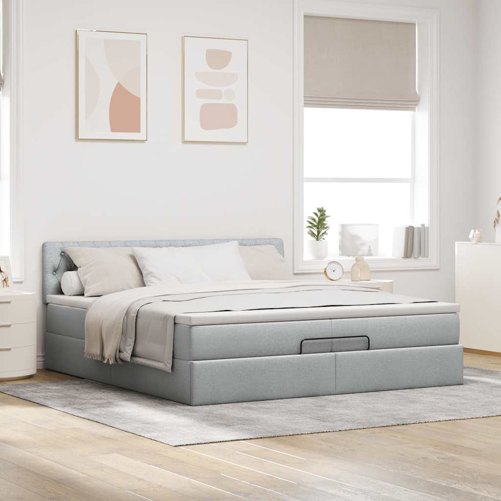 Cadre de lit ottoman et matelas gris clair 200x200cm tissu - XIOS