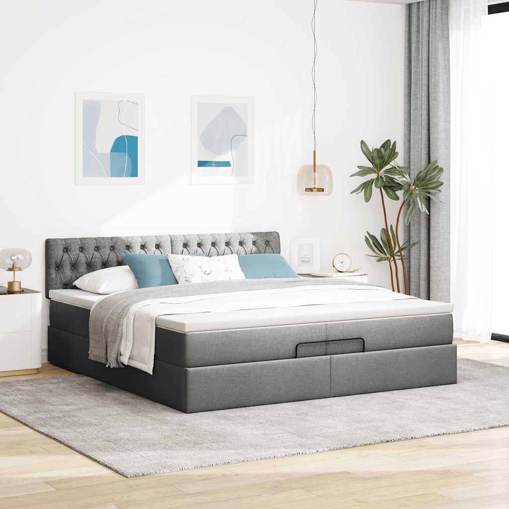 Cadre de lit ottoman avec matelas gris foncé 200x200cm tissu - XIOS
