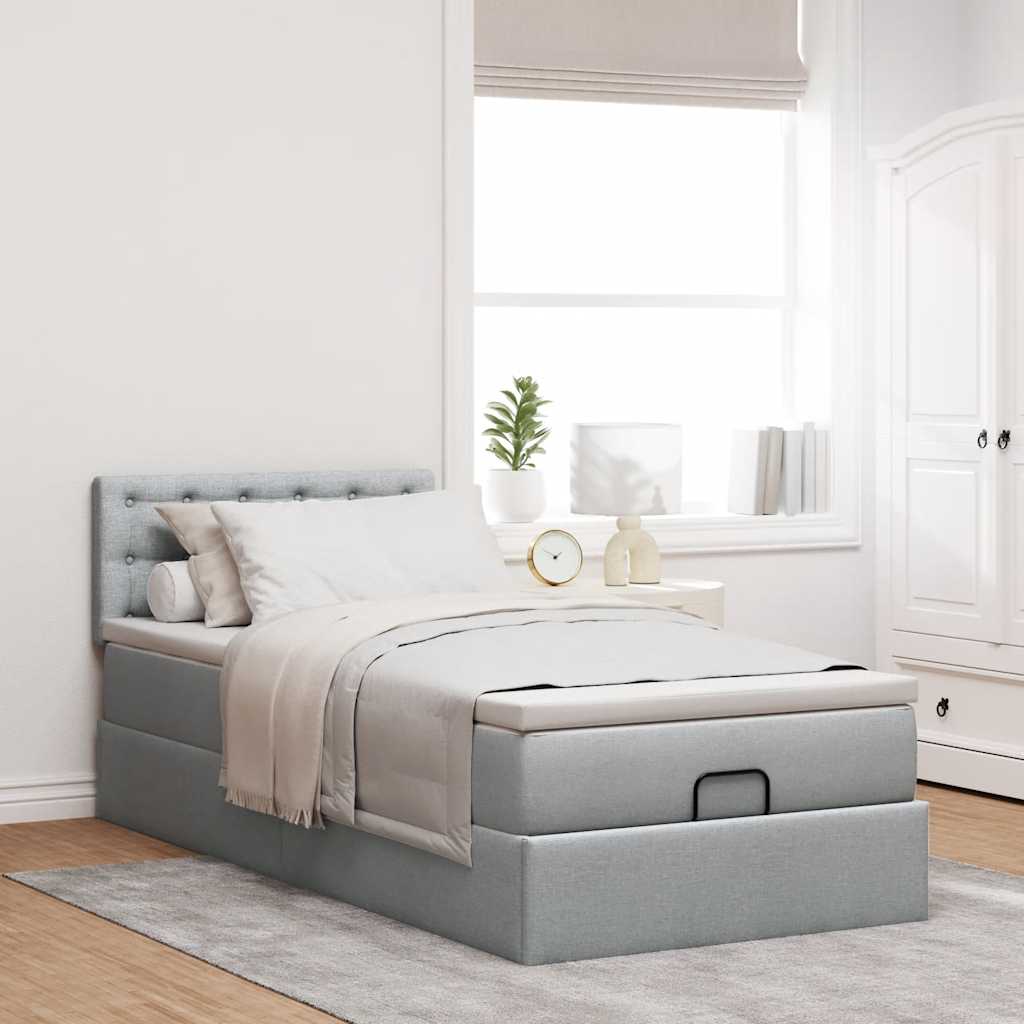 Cadre de lit ottoman et matelas gris clair 90x190 cm tissu - XIOS
