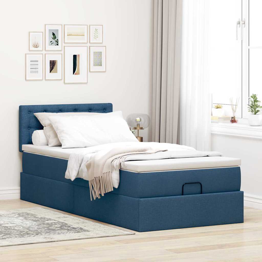 Cadre de lit ottoman avec matelas bleu 90x190 cm tissu - XIOS