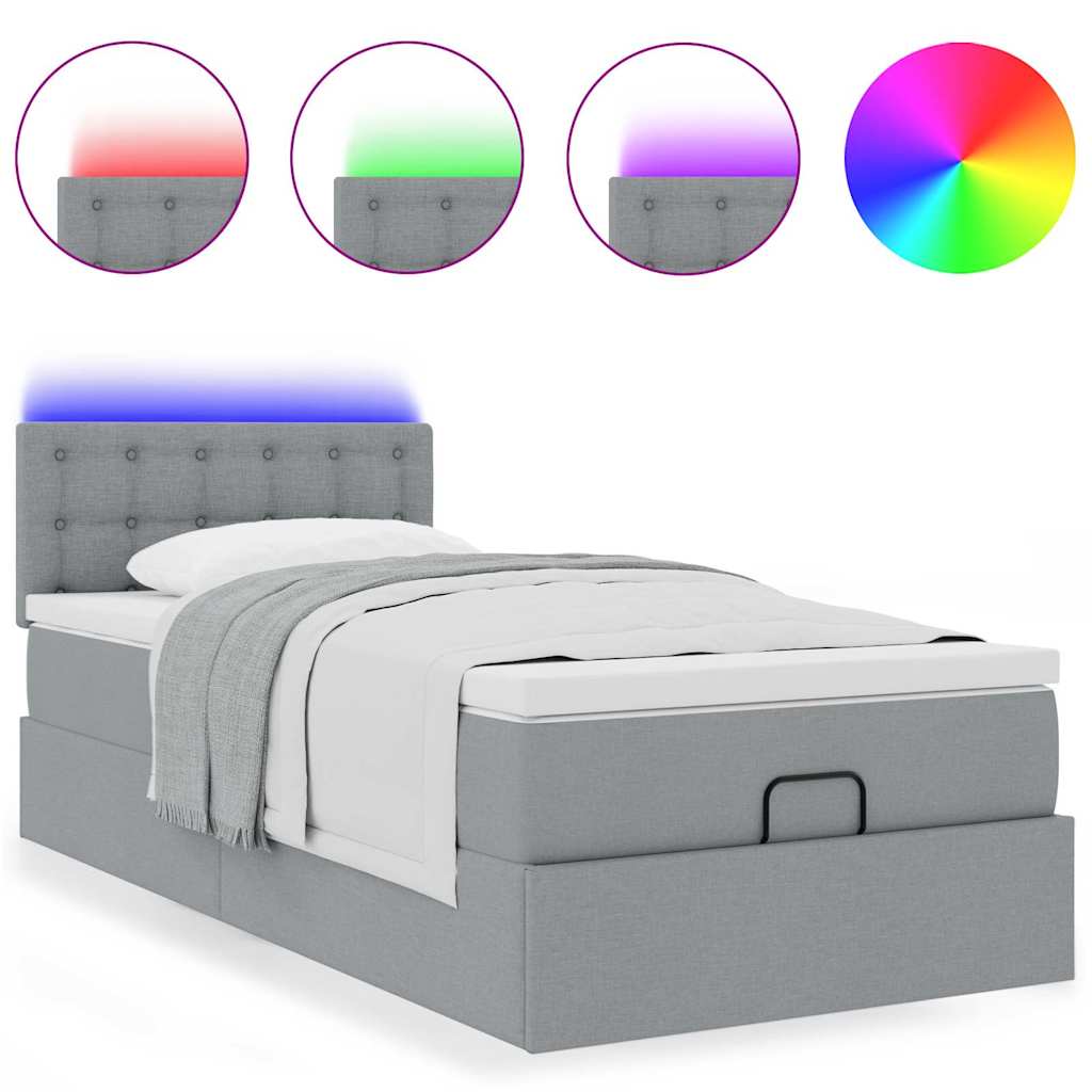 Lit ottoman avec matelas et LED gris clair 90x200 cm tissu - XIOS