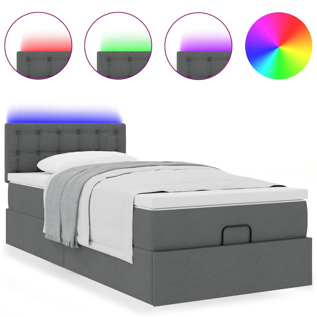 Lit ottoman avec matelas et LED gris foncé 90x200 cm tissu - XIOS