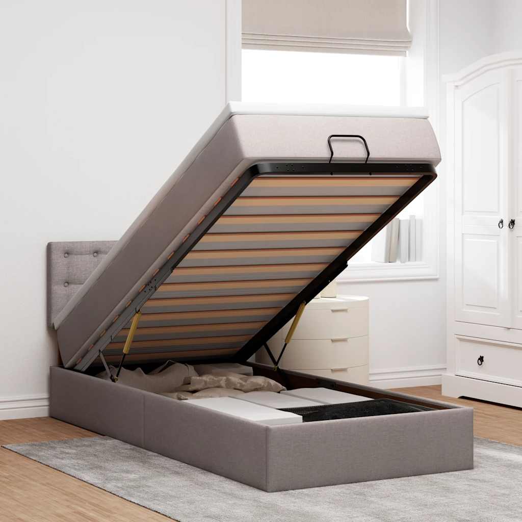 Lit ottoman avec matelas et LED taupe 90x200 cm tissu - XIOS