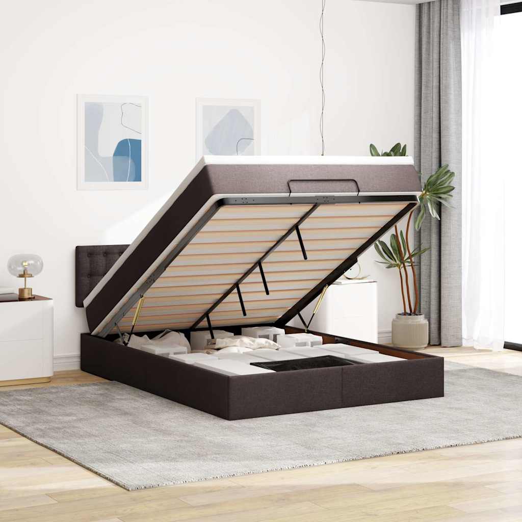Lit ottoman avec matelas et LED marron foncé 140x190 cm tissu - XIOS