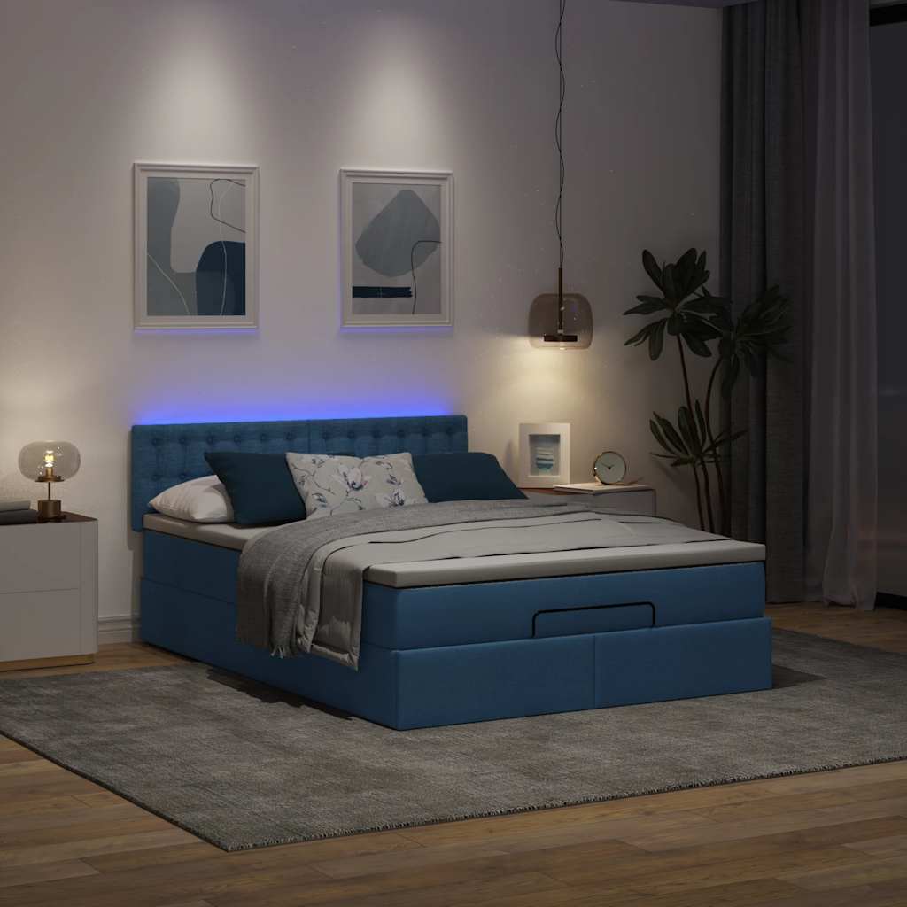 Lit ottoman avec matelas et LED bleu 140x190 cm tissu - XIOS
