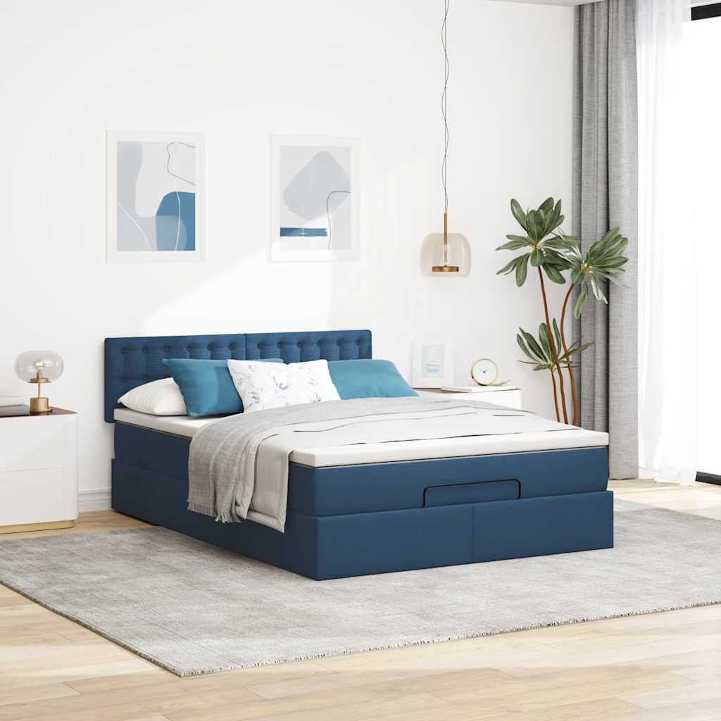 Lit ottoman avec matelas et LED bleu 140x190 cm tissu - XIOS