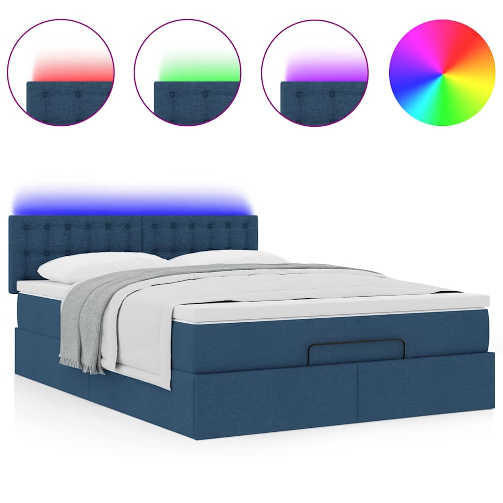 Lit ottoman avec matelas et LED bleu 140x190 cm tissu - XIOS