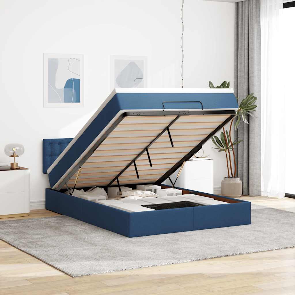 Lit ottoman avec matelas et LED bleu 140x190 cm tissu - XIOS