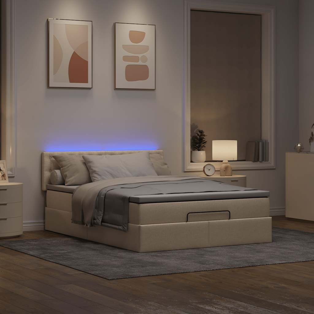 Lit ottoman avec matelas et LED crème 140x200 cm tissu - XIOS