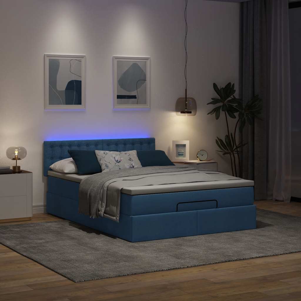 Cadre de lit ottoman avec matelas bleu 140x200 cm tissu