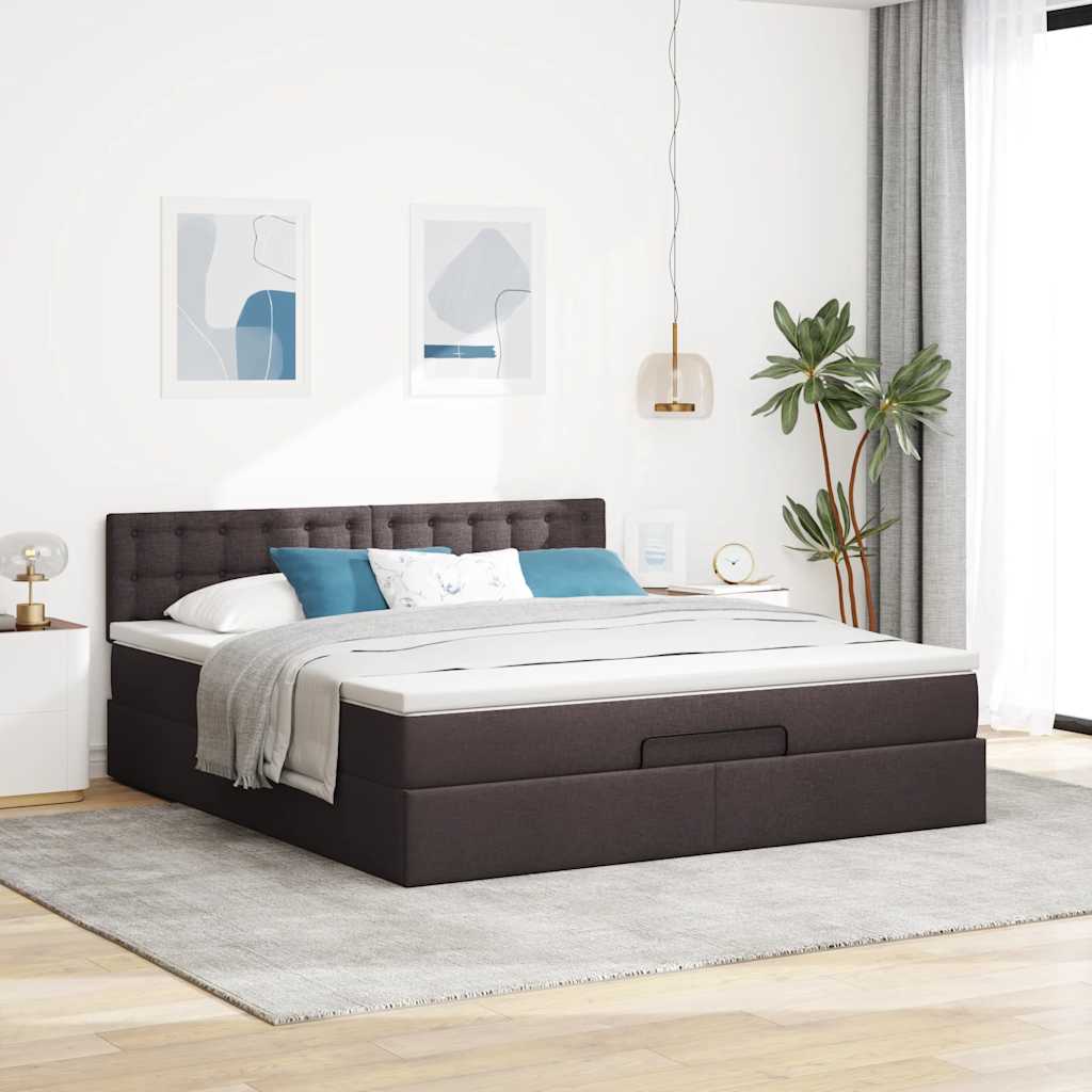 Cadre de lit ottoman avec matelas marron foncé 160x200 cm tissu - XIOS