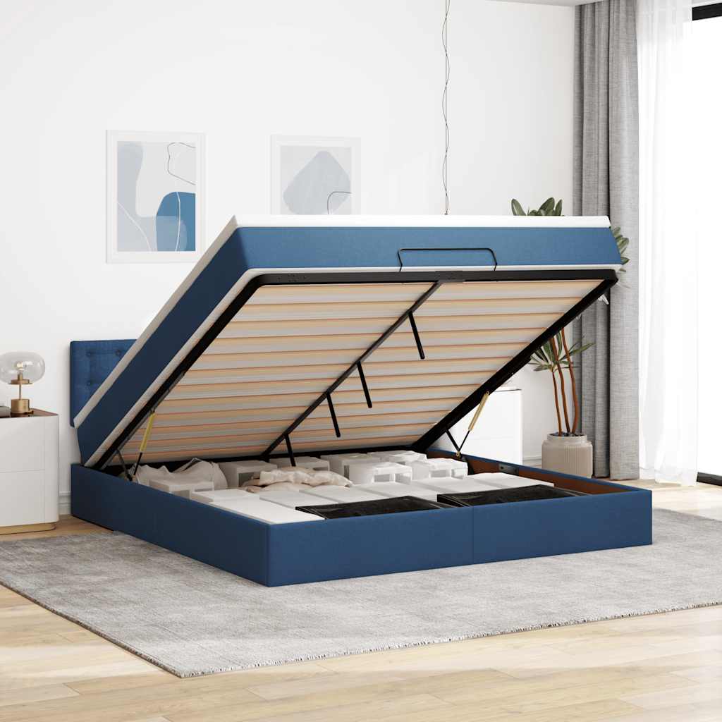 Cadre de lit ottoman avec matelas bleu 160x200 cm tissu