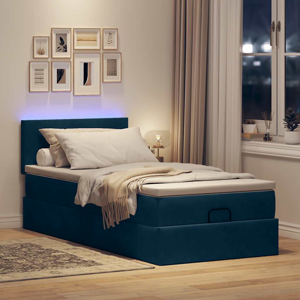 Lit ottoman avec matelas et LED bleu foncé 80x200cm velours - XIOS