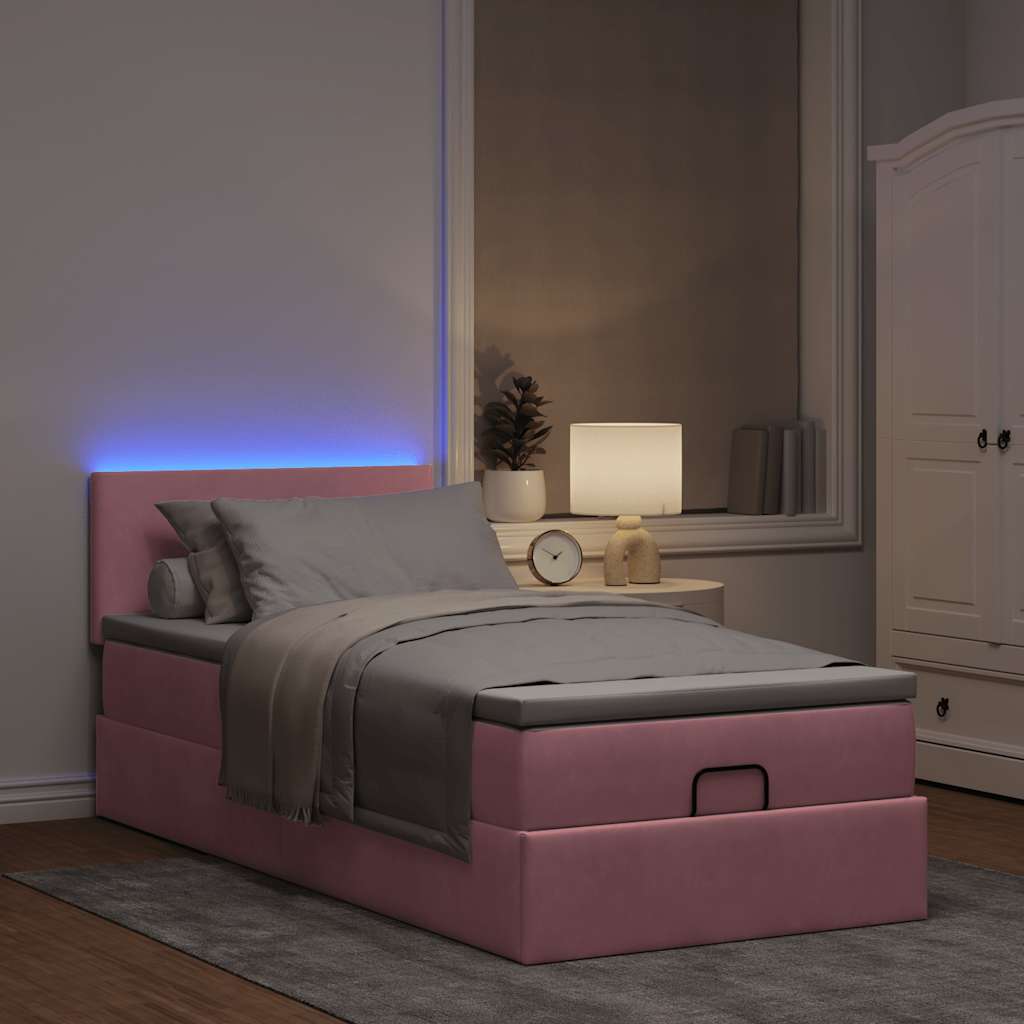 Lit ottoman avec matelas et LED rose 80x200cm velours