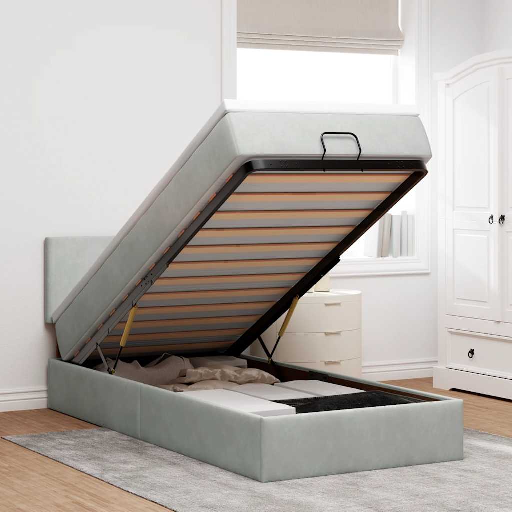 Cadre de lit ottoman et matelas gris clair 90x190 cm velours - XIOS