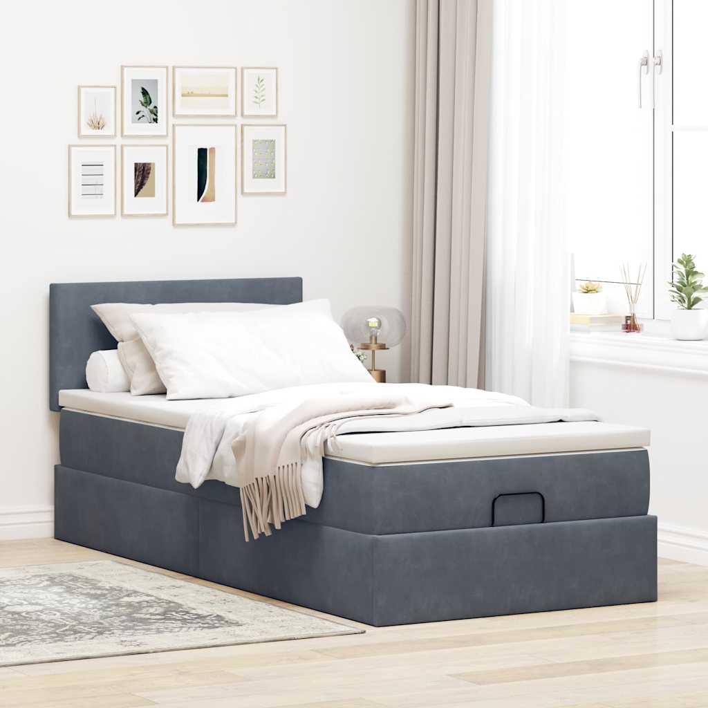 Cadre de lit ottoman avec matelas gris foncé 90x190 cm velours - XIOS