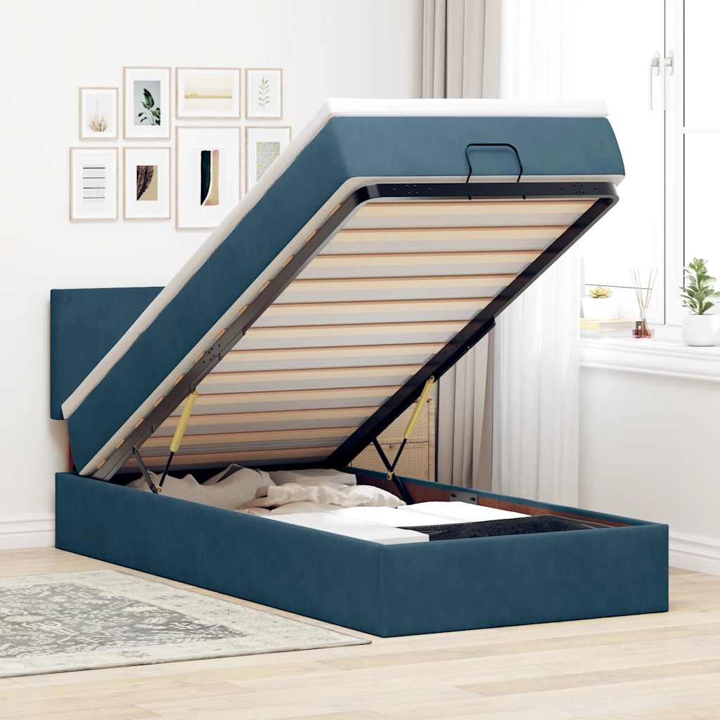 Cadre de lit ottoman avec matelas bleu foncé 90x190 cm velours - XIOS