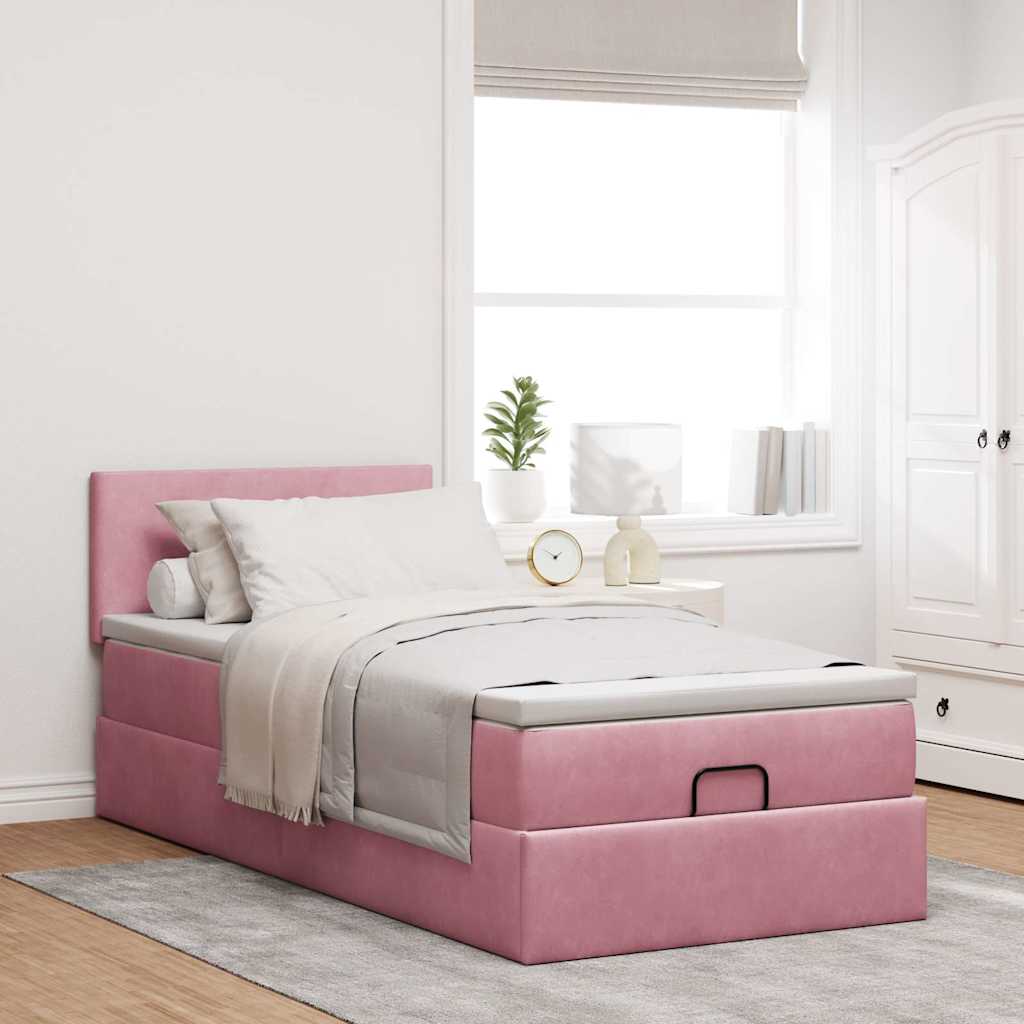 Cadre de lit ottoman avec matelas rose 90x190 cm velours - XIOS