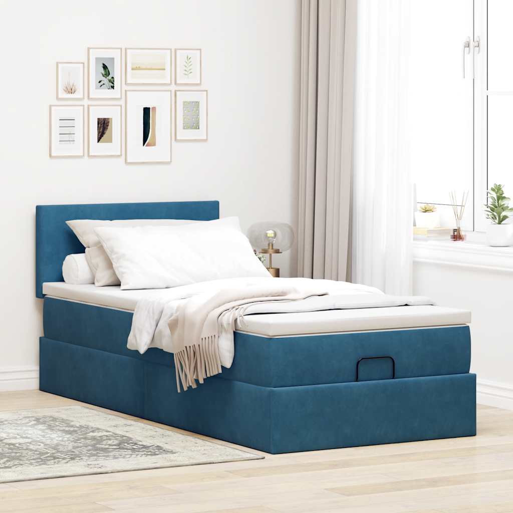Cadre de lit ottoman avec matelas bleu foncé 100x200 cm velours - XIOS