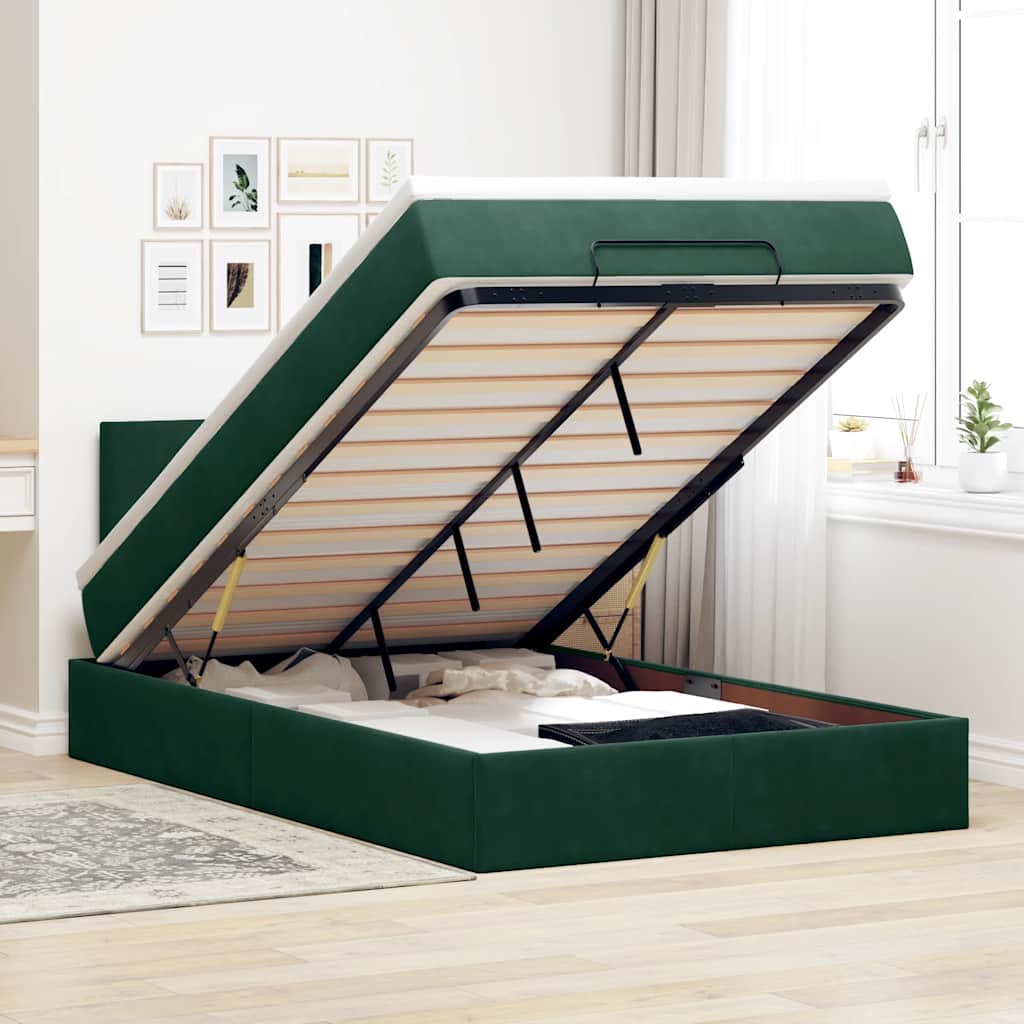 Lit ottoman avec matelas et LED vert foncé 90x200cm velours - XIOS