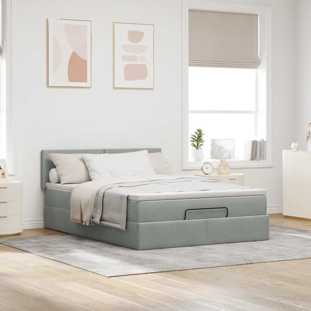 Cadre de lit ottoman et matelas gris clair 140x190 velours - XIOS