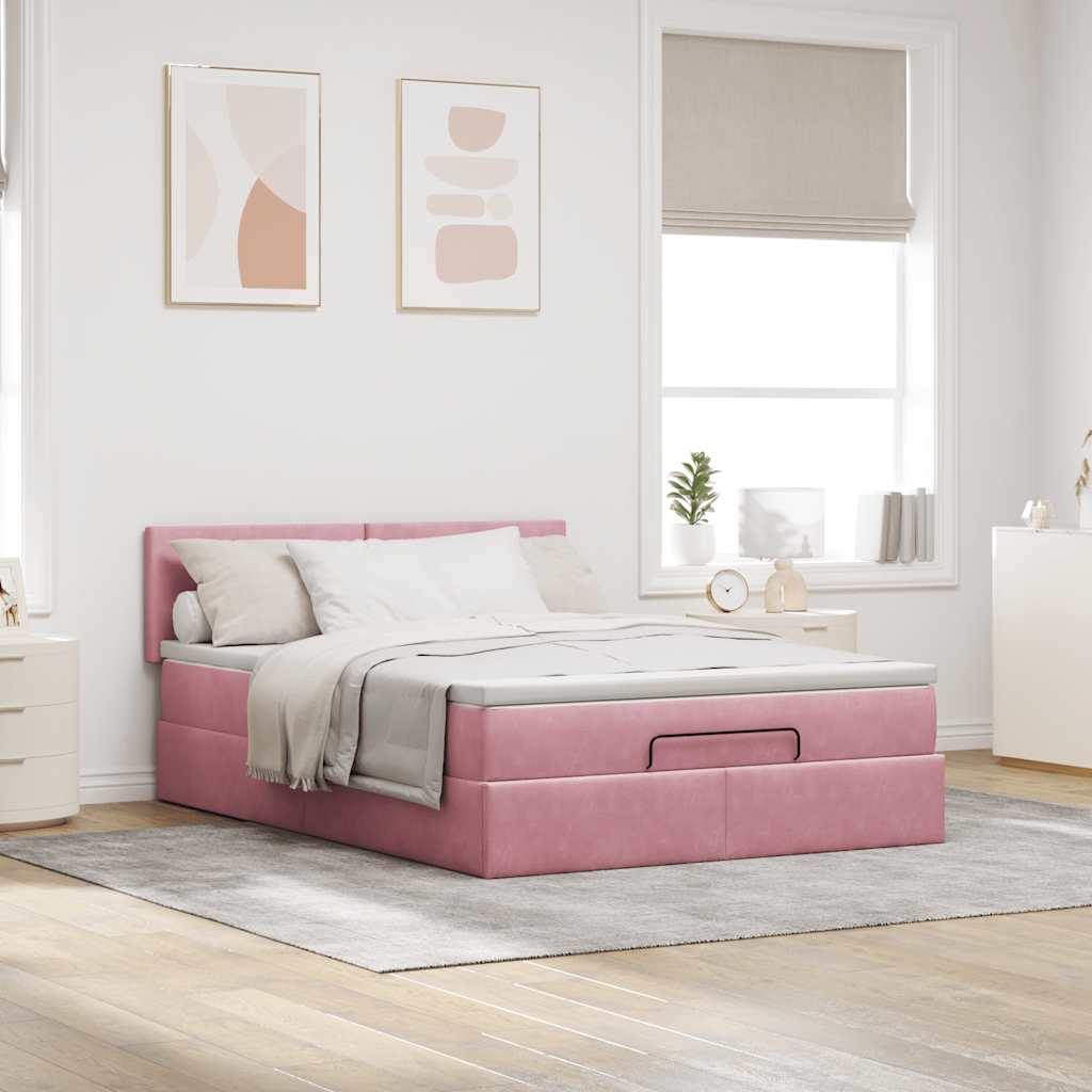 Cadre de lit ottoman avec matelas rose 140x190 cm velours - XIOS