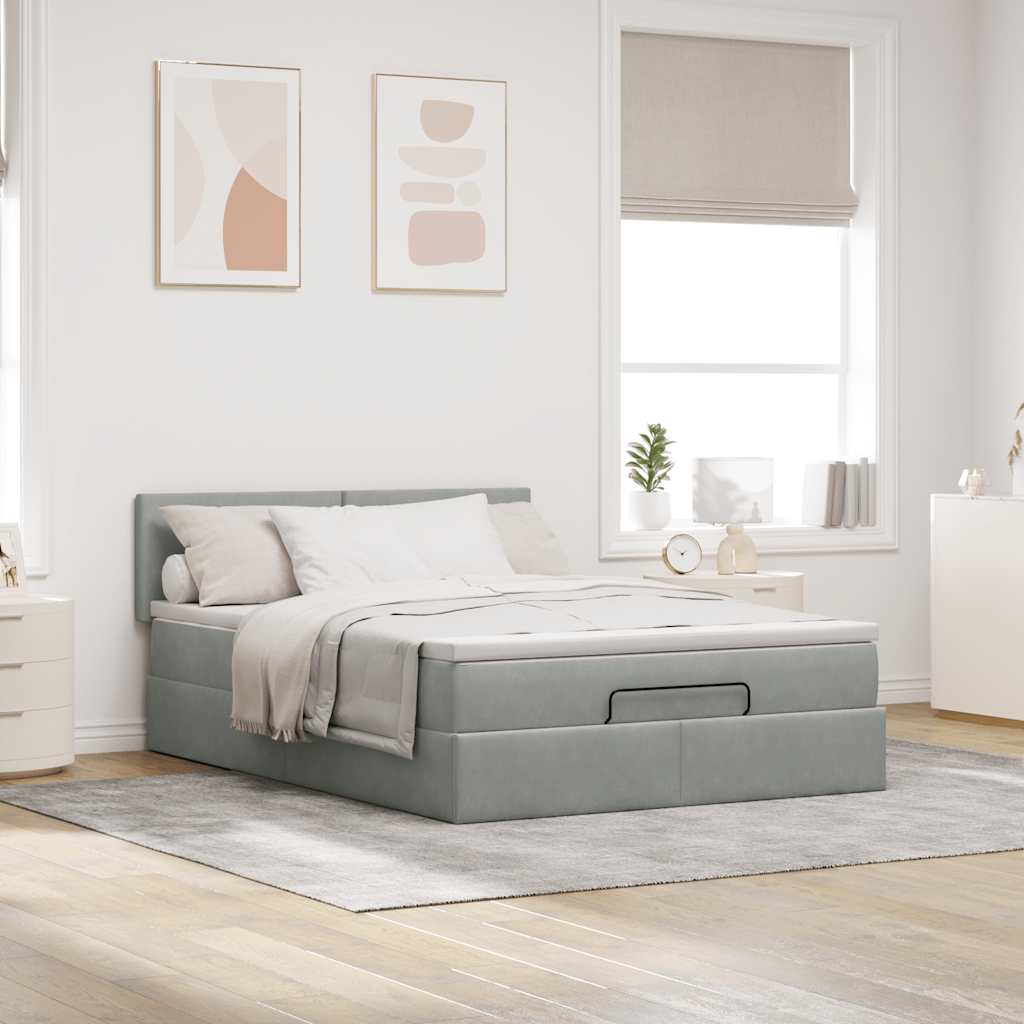 Cadre de lit ottoman avec matelas gris clair 140x200 cm velours - XIOS