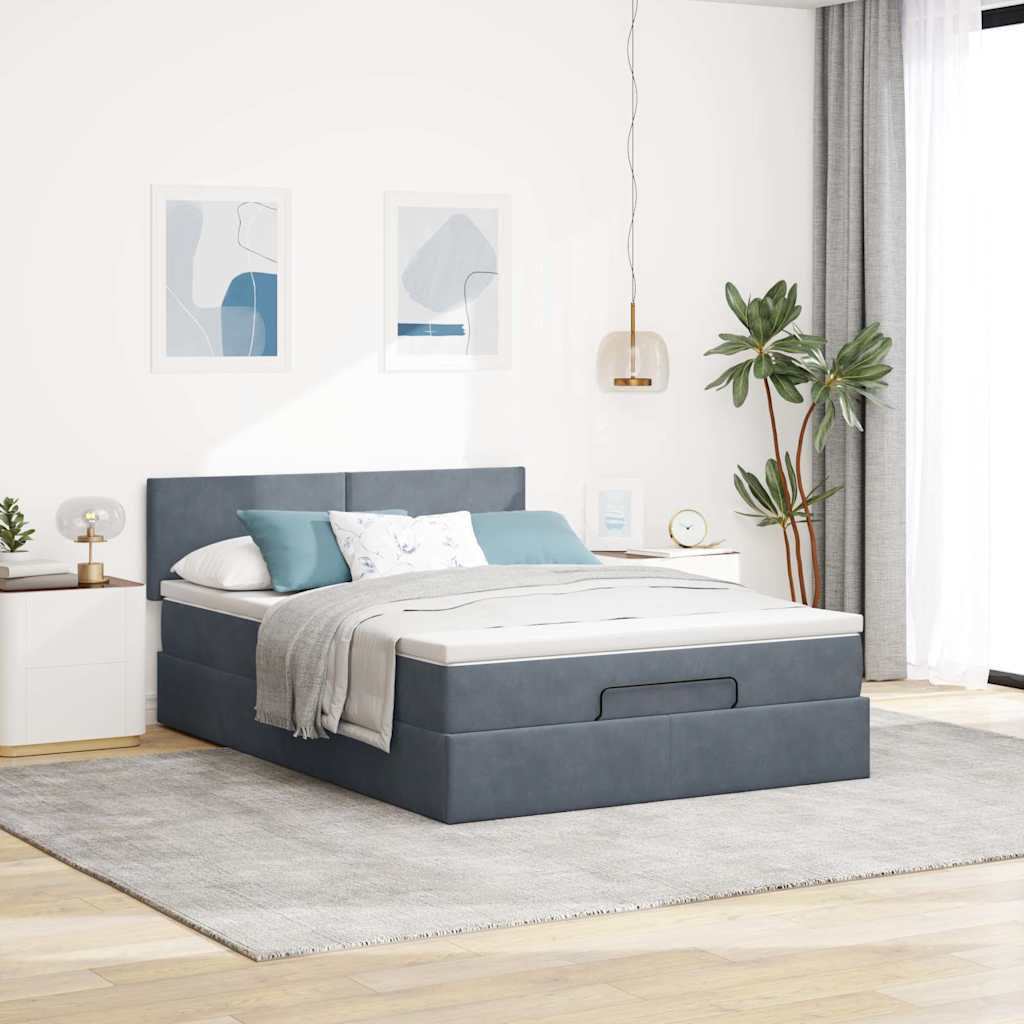 Cadre de lit ottoman avec matelas gris foncé 140x200 cm velours - XIOS