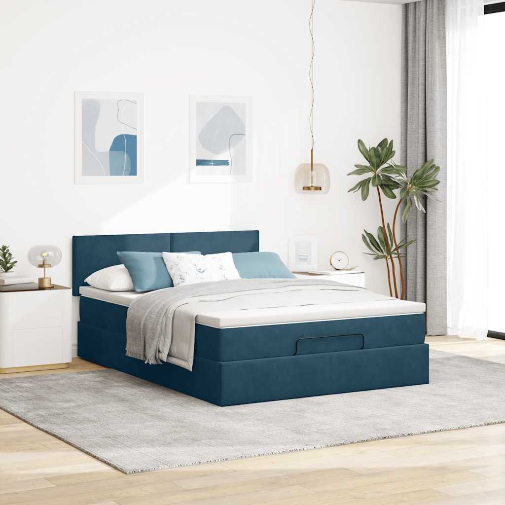 Cadre de lit ottoman avec matelas bleu foncé 140x200 cm velours - XIOS
