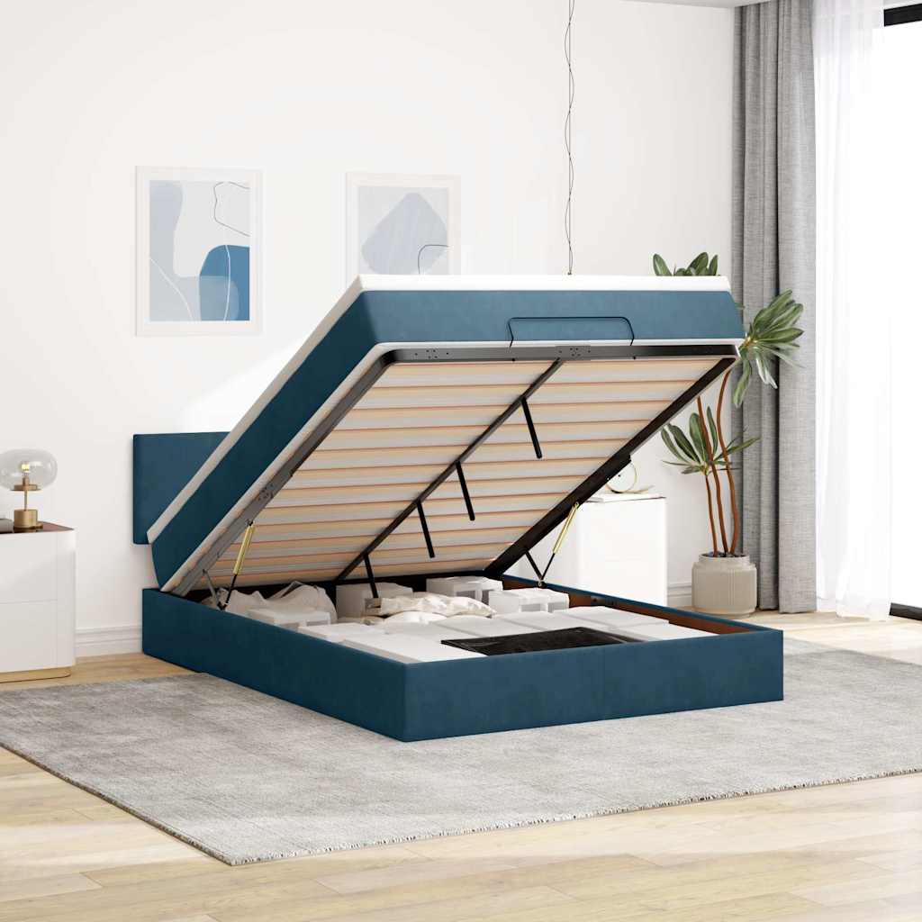 Cadre de lit ottoman avec matelas bleu foncé 140x200 cm velours - XIOS