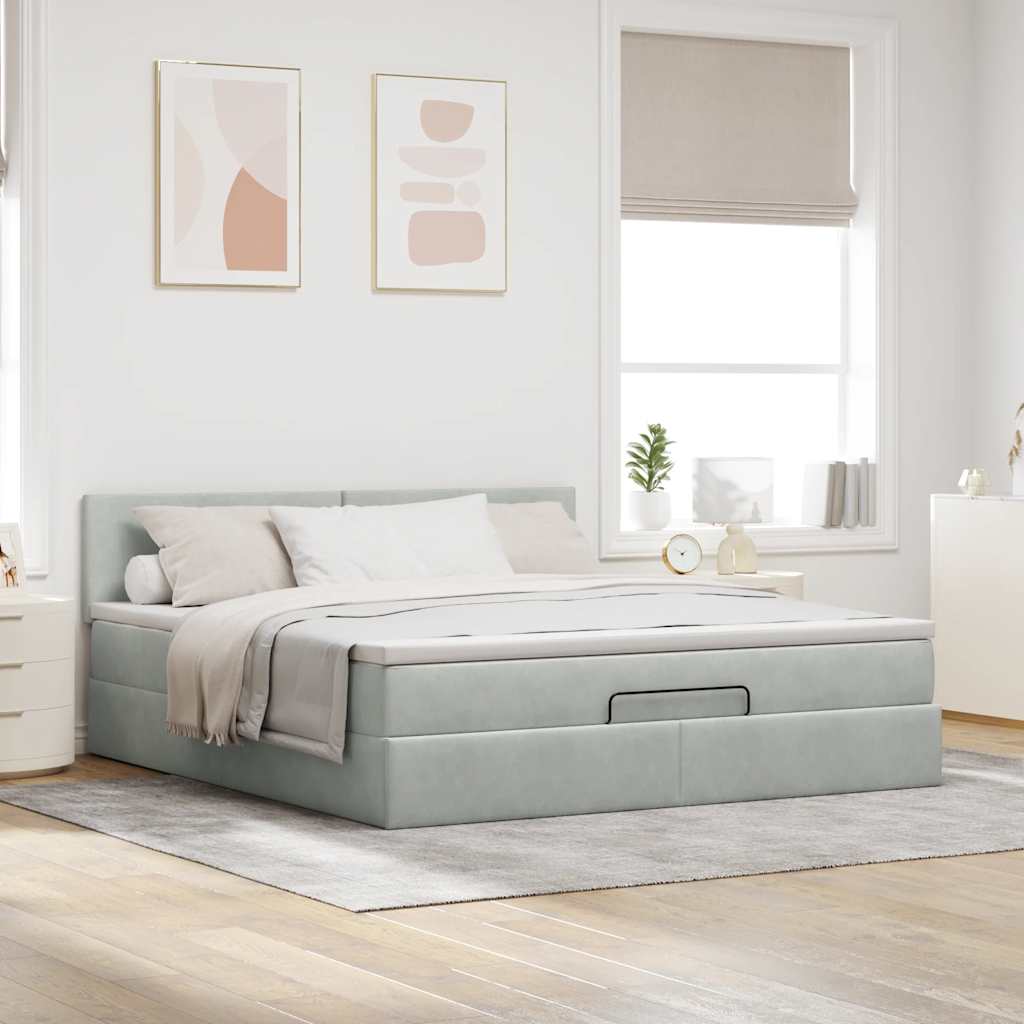 Cadre de lit ottoman avec matelas gris clair 160x200 cm velours - XIOS
