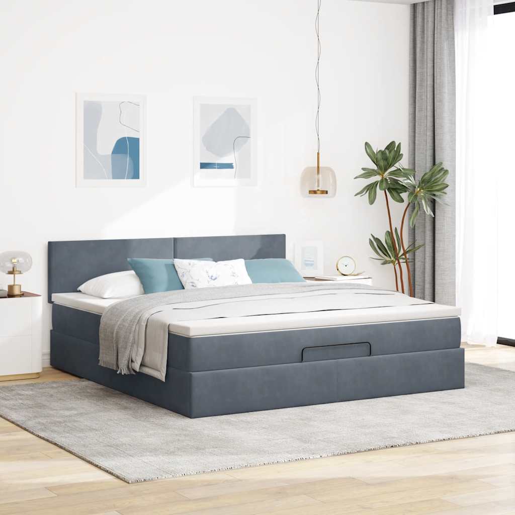 Cadre de lit ottoman avec matelas gris foncé 160x200 cm velours - XIOS