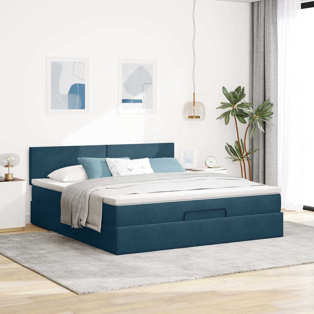 Cadre de lit ottoman avec matelas bleu foncé 160x200 cm velours - XIOS